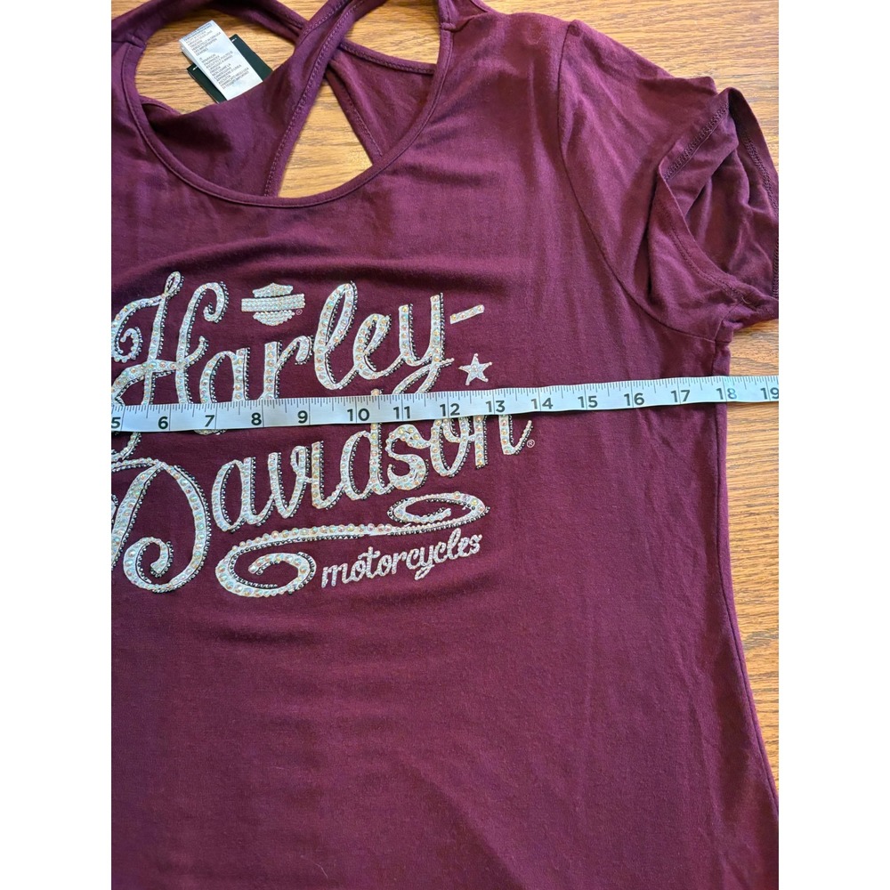 Harley Davidson Womens XL Rhinestone Logo Tee Burgundy Crisscross Back Shirt - Picture 7 of 9